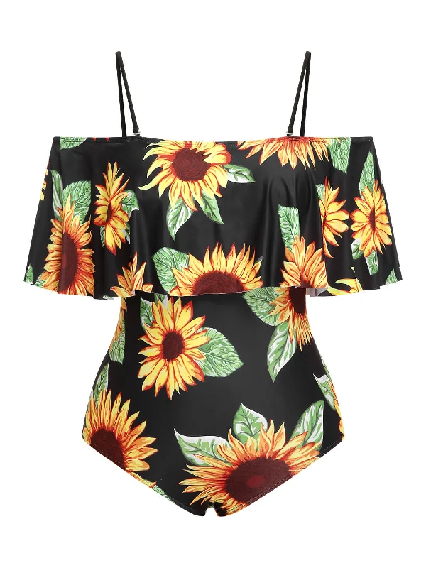 [Plus Size] Black 1940s Sunflower Cold-Shoulder Swimsuit Comfortable Tankini Set