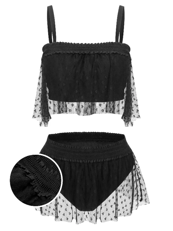 [Plus Size] Black 1950s Strap Mesh Swimsuit Swim Dress with Belt