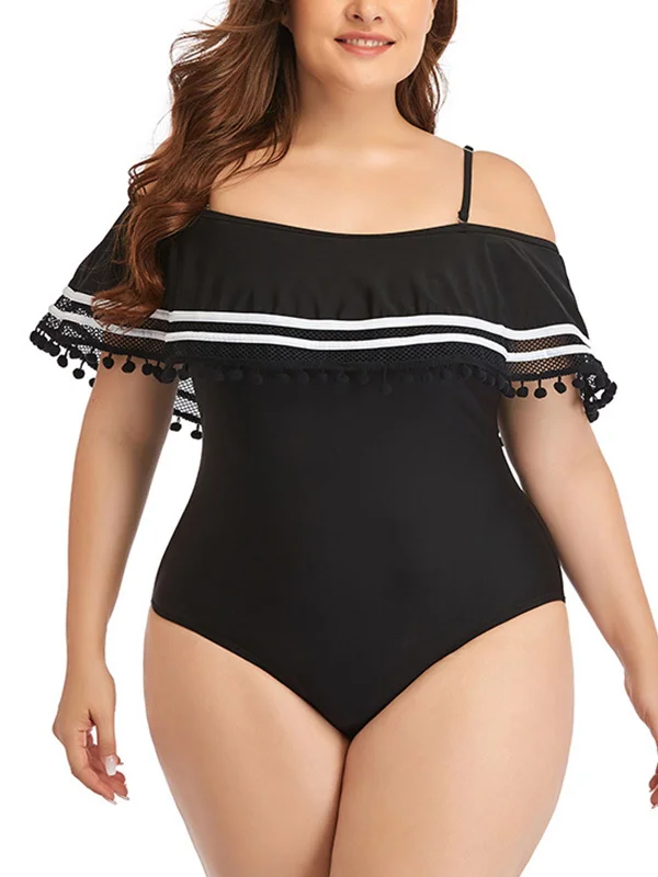 Plus Size Ruffled Stripes Swimsuit Comfortable Swim Shorts