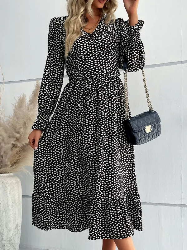 Printed Flounce Sleeve V-Neck Midi Dress Trendy Ruffle Hem Midi Dress