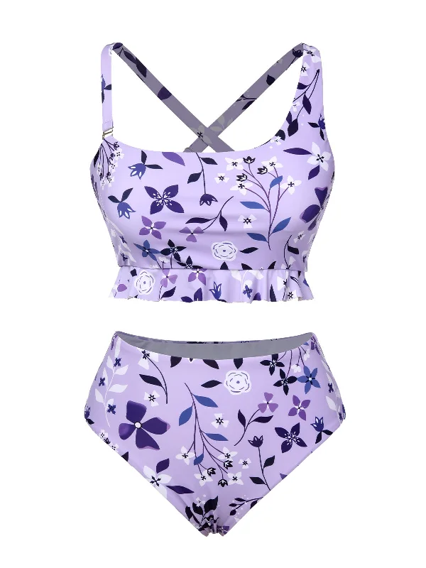 Purple 1930s Floral Irregular Shoulder Straps Swimsuit Adjustable Swim Top