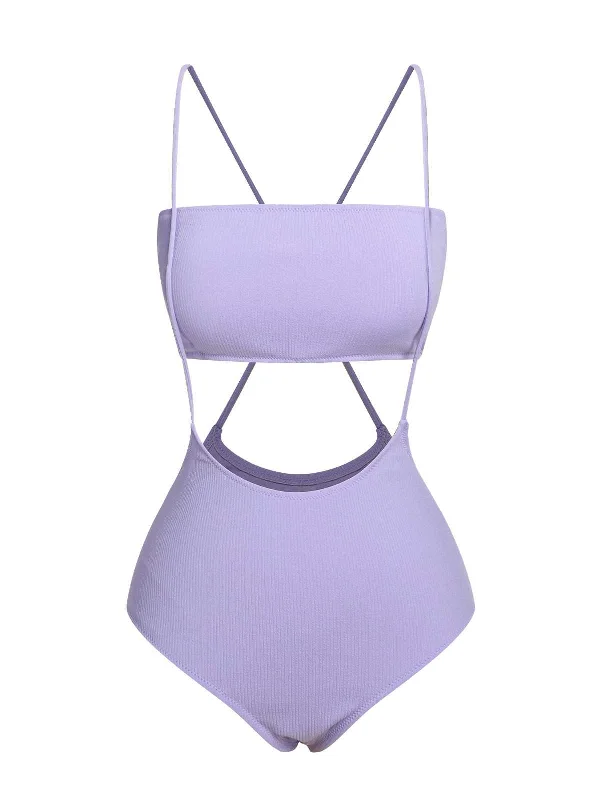 Purple 1950s Spaghetti Strap Bandeau Swimsuit Retro-Inspired Bikini Set