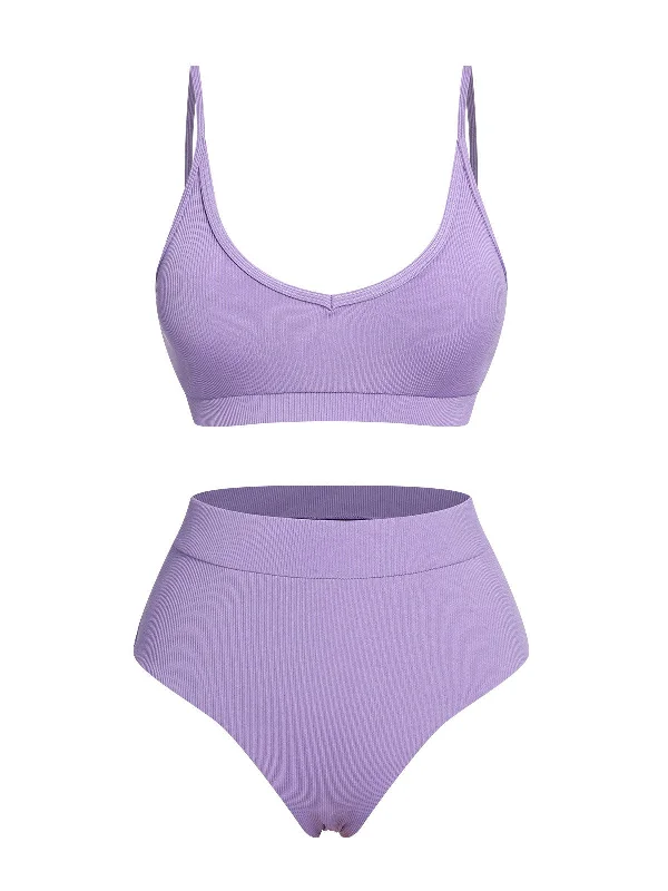 Purple 1950s Spaghetti Straps Solid Swimsuit High-Waisted Swimwear