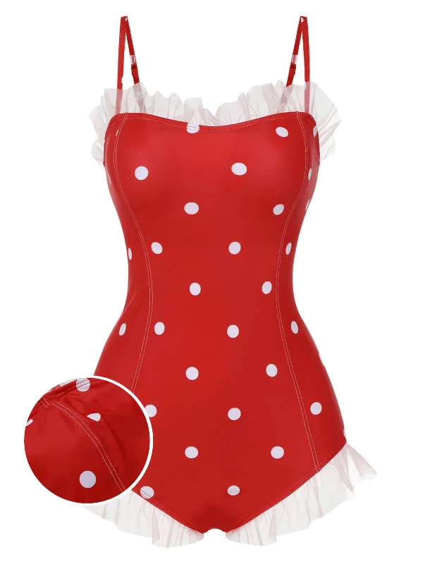 Red 1950s Mesh Polka Dot Swimsuit Retro Swimwear Style