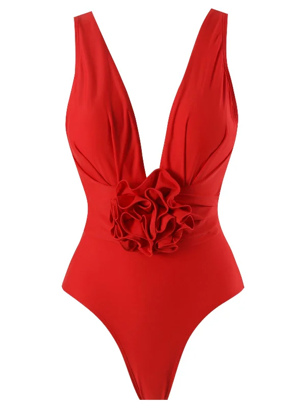 Red 1960s Solid 3D Flower Backless Swimsuit Tropical Print One-Piece