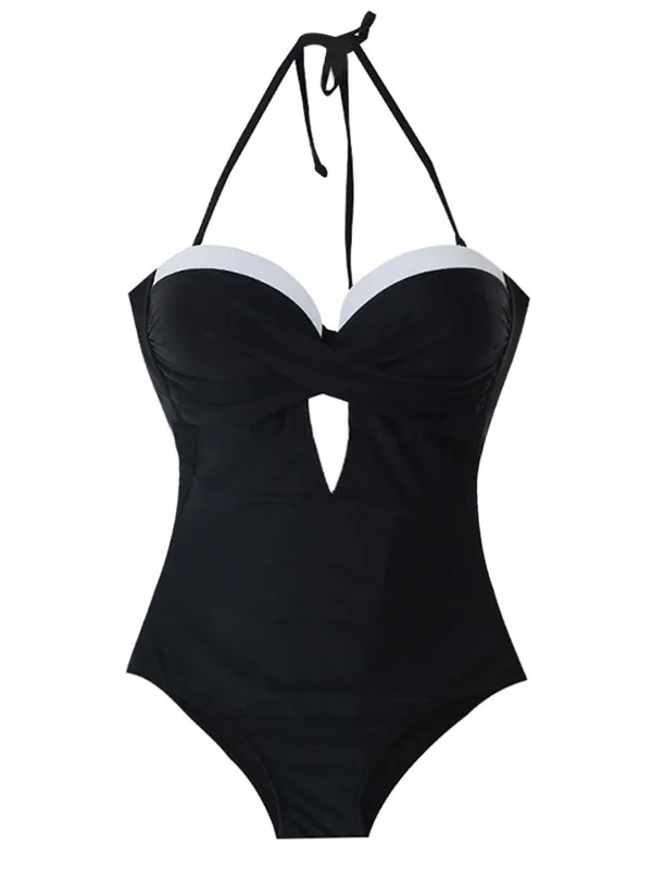 Retro Black Halter Keyhole Swimsuit Playful Pattern Swimsuit