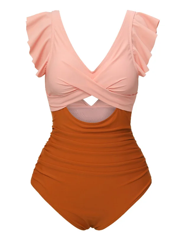 Skin & Orange 1940s Ruffle Cutout Swimsuit Sleek Mesh Bikini