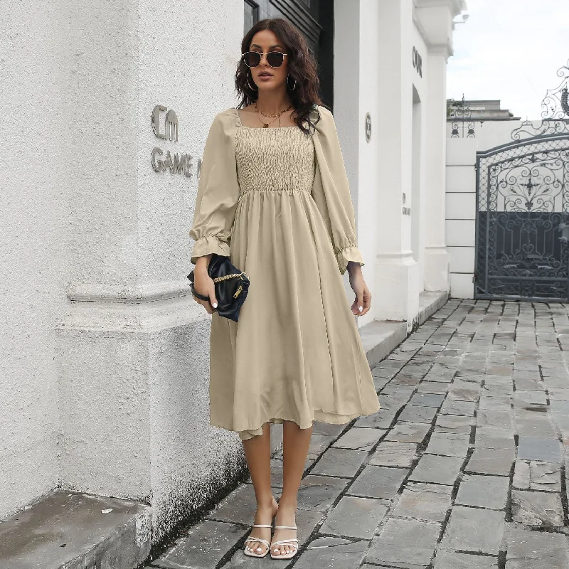 Smocked Square Neck Midi Dress Cozy Ribbed Knit Midi Dress