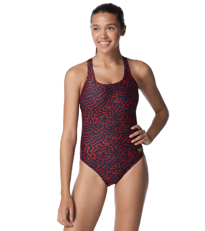 Speedo Women's Race Maze Super Proback One Piece Swimsuit Red/White/Blue Adjustable Bikini Bottoms