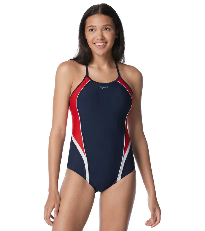 Speedo Women's Thin Strap Quantum One Piece Swimsuit Red/White/Blue Adjustable Swim Top