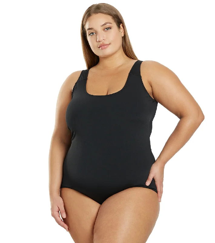 Sporti Plus Size HydroLast Chlorine Resistant Moderate Scoop Back One Piece Swimsuit Black Sporty Swim Shorts