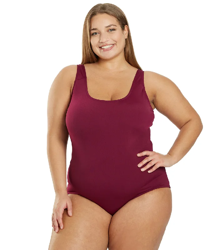 Sporti Plus Size HydroLast Chlorine Resistant Moderate Scoop Back One Piece Swimsuit Cabernet Flirty Ruffle Swimsuit