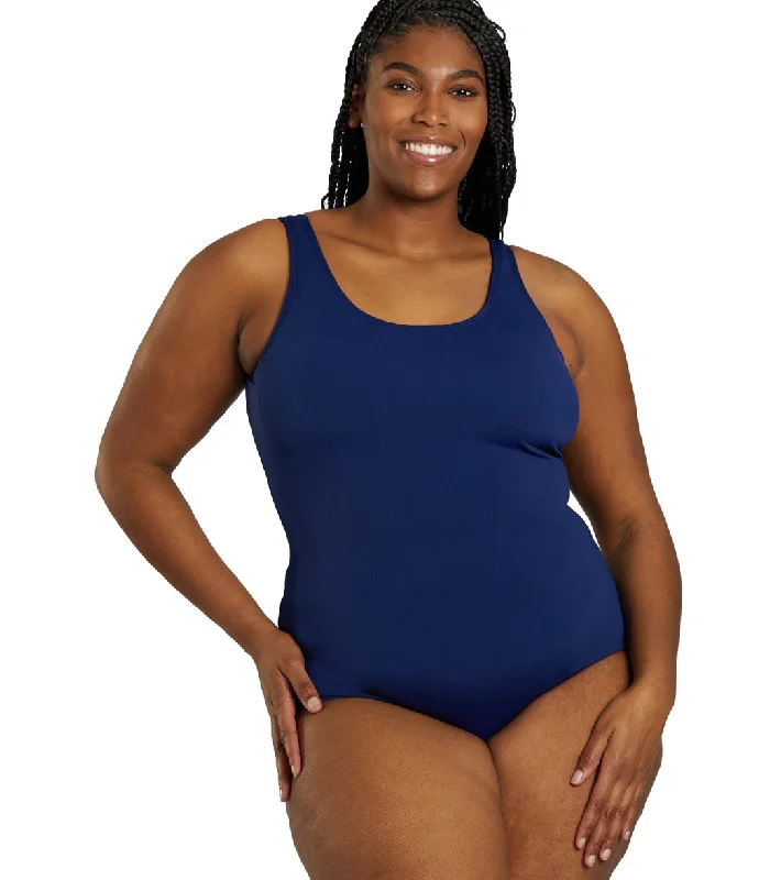 Sporti Plus Size HydroLast Chlorine Resistant Moderate Scoop Back One Piece Swimsuit Navy Comfortable Swim Dress