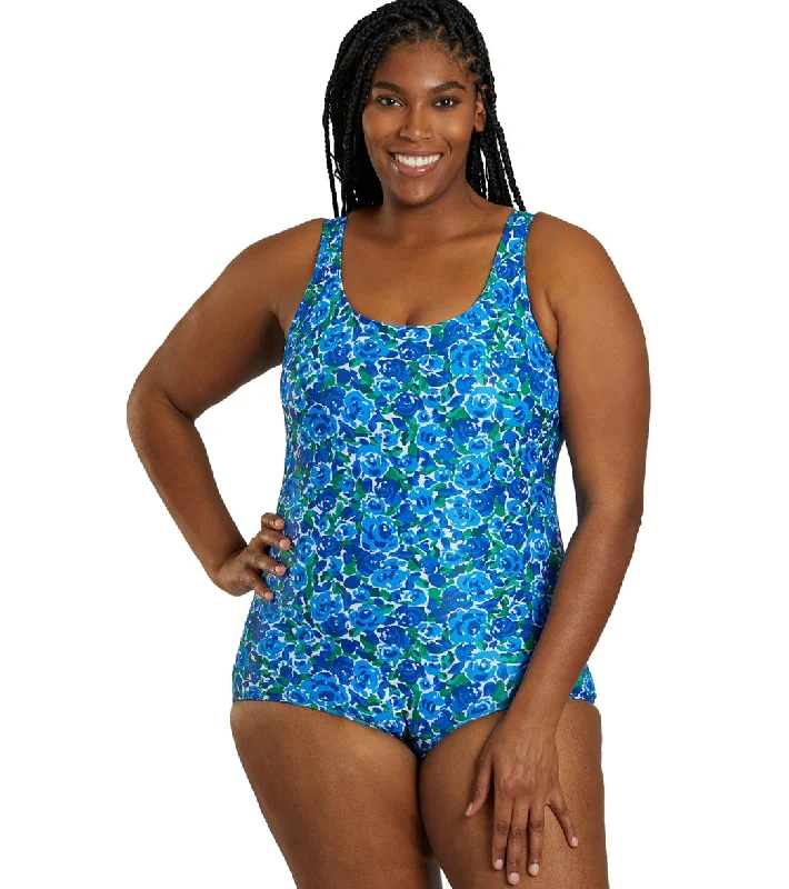 Sporti Plus Size HydroLast Spring Garden Chlorine Resistant Conservative Scoop Back One Piece Swimsuit Spring Garden High-Waisted Swim Bottoms