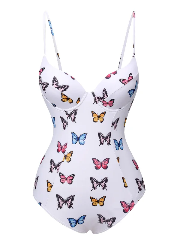 White 1970s Butterfly Strap One-Piece Swimsuit Bold Color Swimsuit