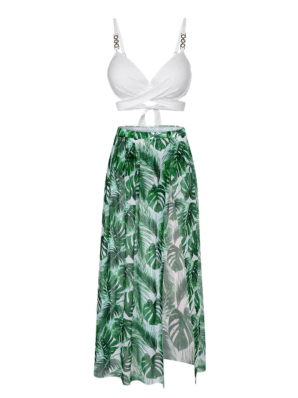 White & Green 1950s Tropical Swimsuit With Cover-Up Plus-Size Bikini Set