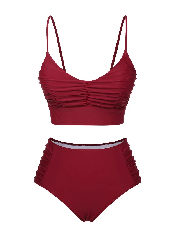 Wine Red 1930s Solid Wrinkle Swimsuit Reversible Bikini Set