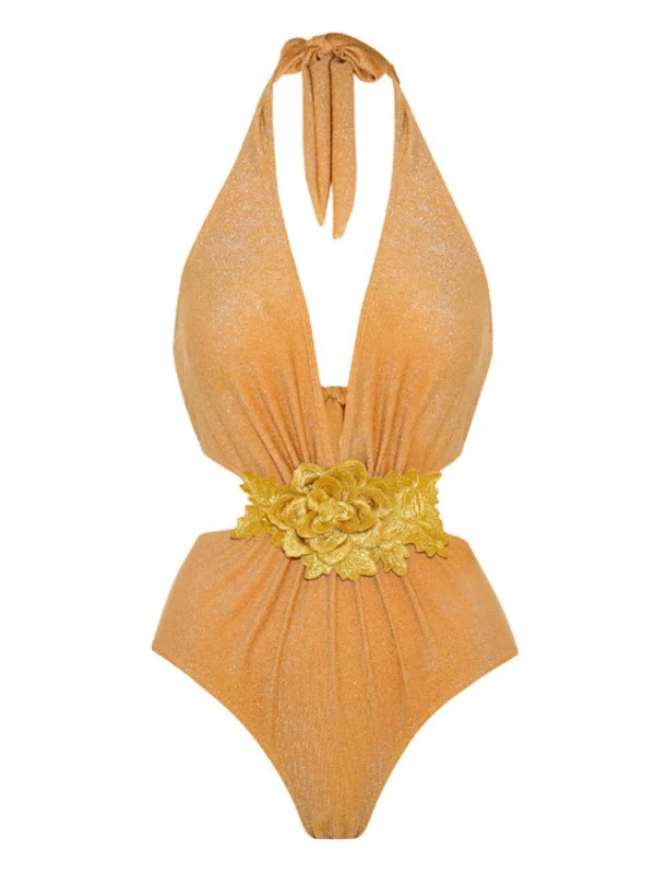 Yellow 1930s 3D Flower Halter Swimsuit Swim Dress with Belt