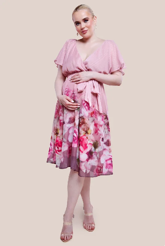 Goddiva Maternity Chiffon Lurex Floral Border Print Midi Dress - Blush Trendy Square Neck Midi Dress