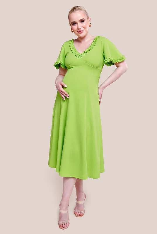 Goddiva Maternity Flare Sleeve Frill Edge Midi Dress - Lime Green Fashionable Sheer Sleeve Midi Dress