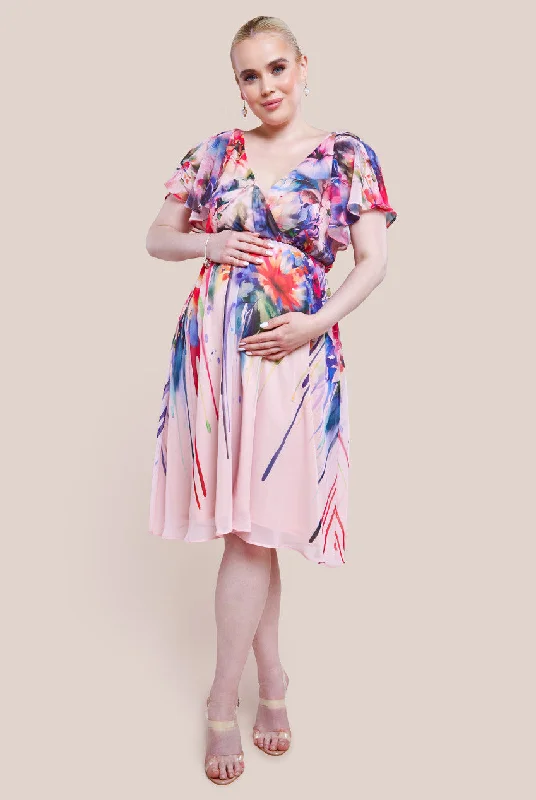 Goddiva Maternity Flutter Sleeve Floral Bodice Midi Dress - Blush Chic Bohemian Midi Dress