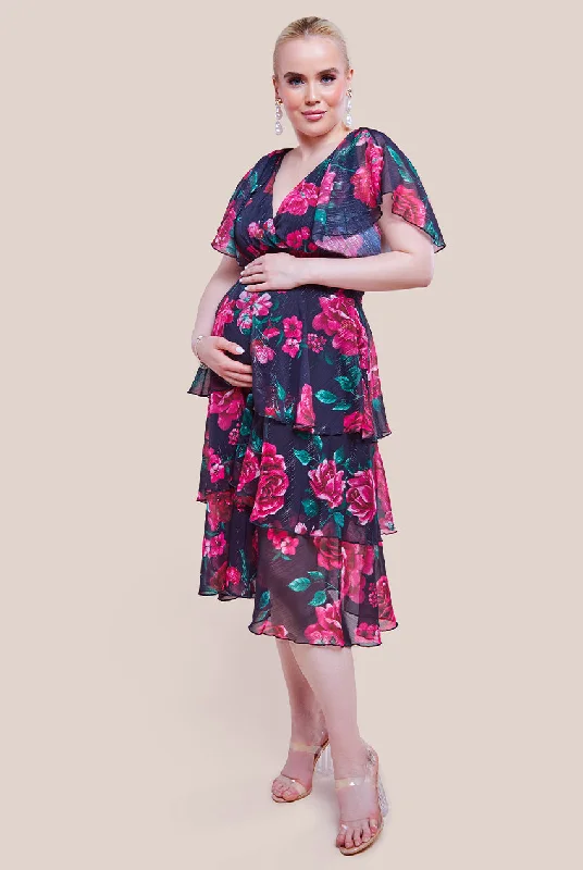 Goddiva Maternity Layered Floral Midi Dress With Flutter Sleeves - Black Floral Comfortable Casual Midi Dress