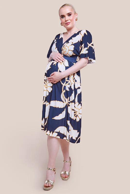 Goddiva Maternity Leaf Print Flutter Sleeve Midi Dress - Navy Stylish Halter Neck Midi Dress