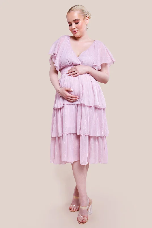 Goddiva Maternity Plain Lurex Chiffon Tiered Midi Dress - Pink Trendy Knit Midi Dress