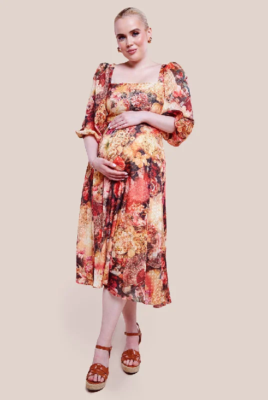 Goddiva Maternity Puff Sleeve Printed Shirred Back Midi Dress - Orange Cozy Wide Strap Midi Dress