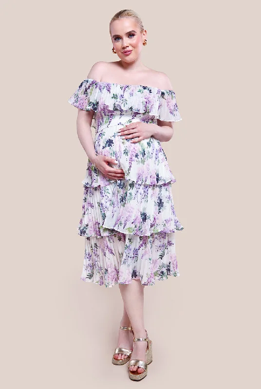 Goddiva Maternity Shirred Chiffon Floral Bardot Midi Dress - Multi Trendy Smocked Waist Midi Dress