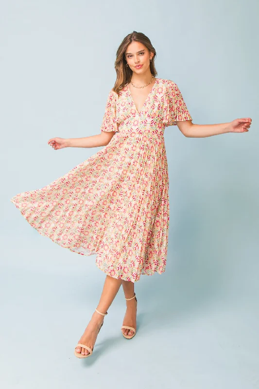 IN BLOOM WOVEN MIDI DRESS Trendy Flared Sleeve Midi Dress