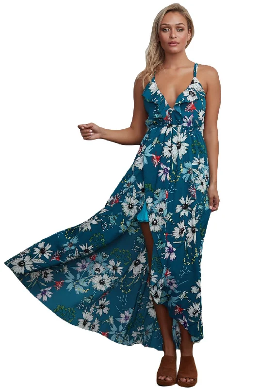 2024Slate Blue Floral Chiffon Spaghetti Straps Maxi Dress Classic Tulle Maxi Dress