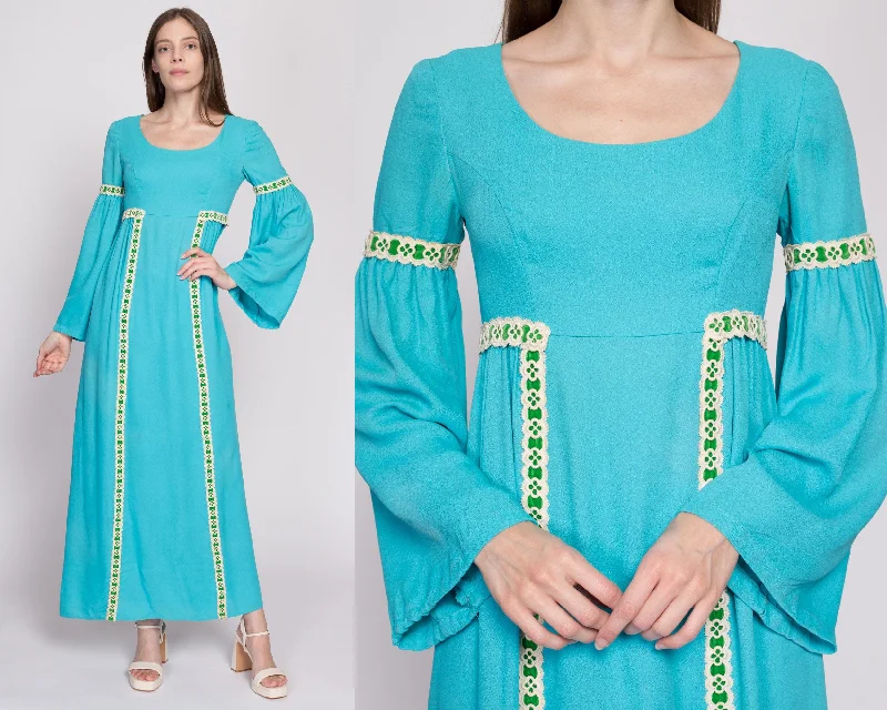 60s Boho Blue Empire Waist Bell Sleeve Maxi Dress, As Is - Extra Small Fashionable Printed Maxi Dress