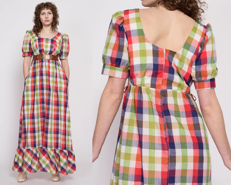 60s Plaid Puff Sleeve Prairie Maxi Dress - Medium Tall Chic Button-Up Maxi Dress