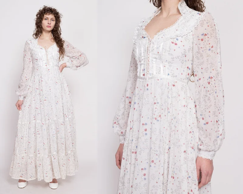 70s Gunne Sax White Wildflower Prairie Maxi Dress - XS to Small Comfortable Maxi Dress with Belt