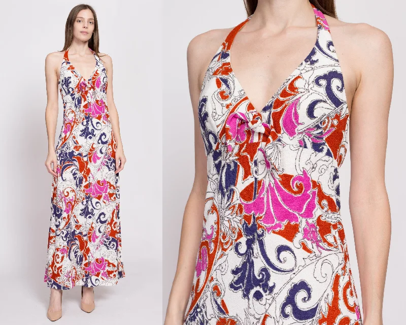 70s Psychedelic Trumpet Flower Print Halter Maxi Dress - XS to Small Stylish A-Line Maxi Dress