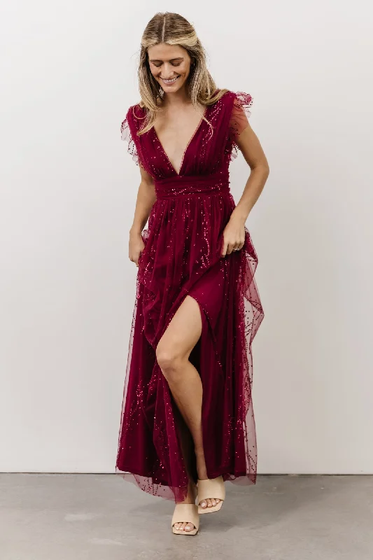 Annika Sequin Mesh Maxi Dress | Wine Trendy Ruffled Maxi Dress