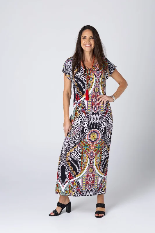 Aztec Print Short Sleeve Jersey Maxi Dress Cozy Cold-Shoulder Maxi Dress