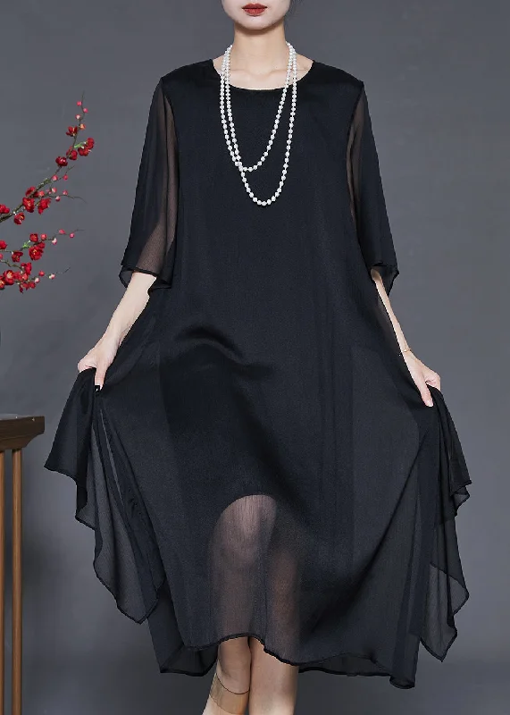 Black Draping Chiffon Maxi Dresses Oversized Summer Casual Maxi Dress with Pockets