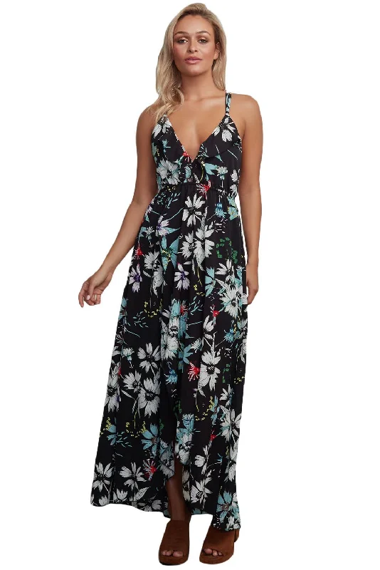 Black Floral Chiffon Spaghetti Straps Maxi Dress Trendy Floral Print Maxi Dress