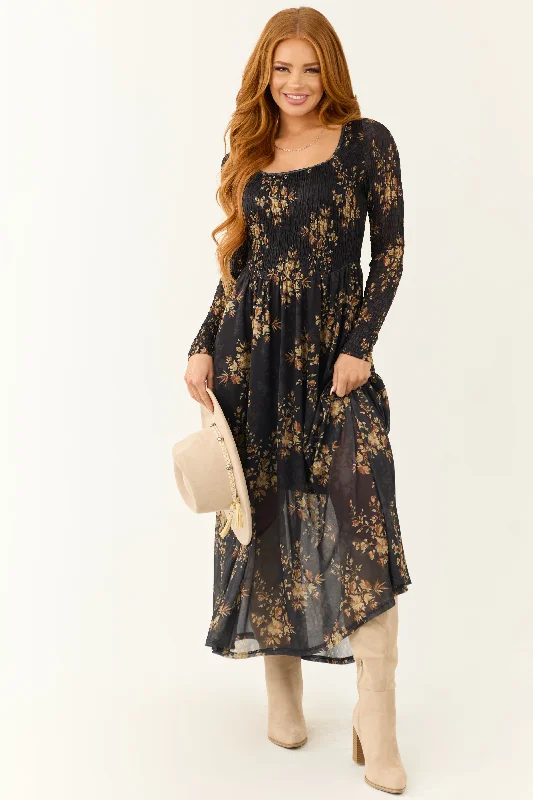 Black Floral Print Smocked Scoop Maxi Dress Cozy Wrap Maxi Dress