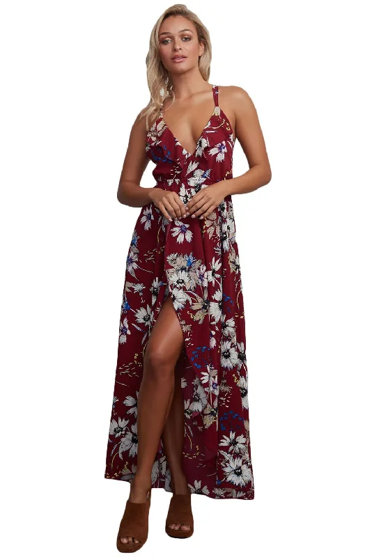 Burgundy Floral Chiffon Spaghetti Straps Maxi Dress Classic A-Line Maxi Dress