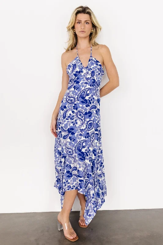 Camila Halter Maxi Dress | Blue + Ivory Comfortable Pleated Maxi Dress