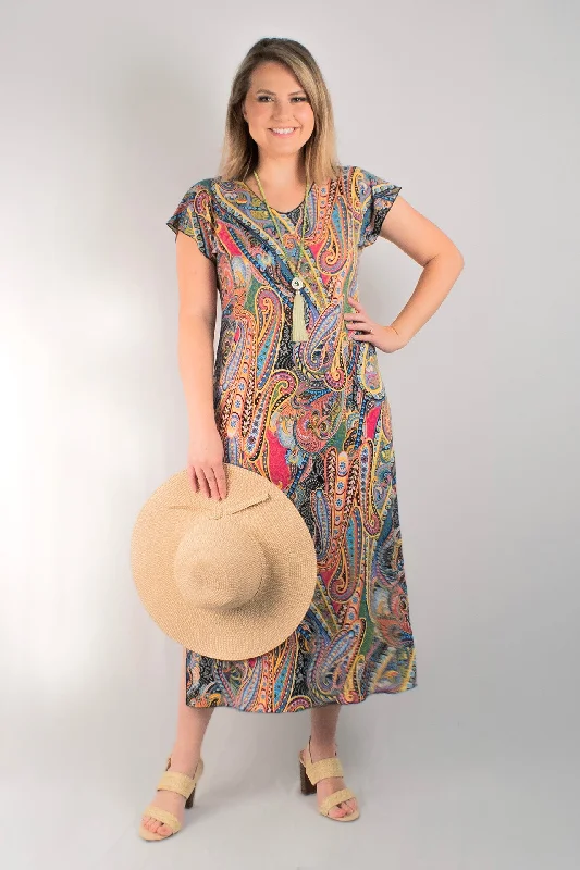 Carnival Print Short Sleeve Jersey Maxi Dress Fashionable Maxi Dress with Fringe