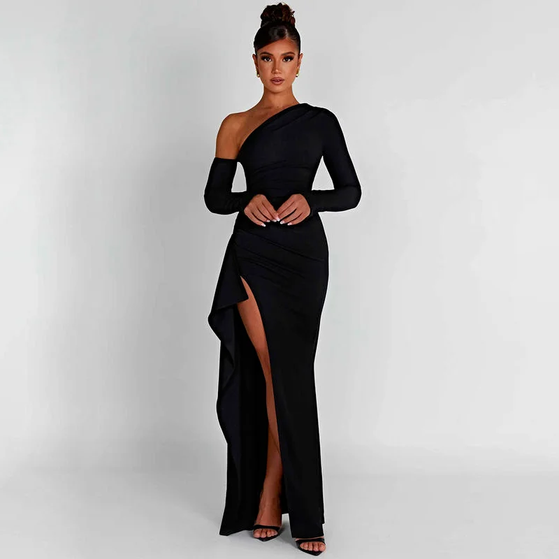 Chic Oblique Shoulder Thigh-High Split Maxi Dress - Sleeveless Backless Bodycon for Evening Parties Trendy Maxi Dress with Belt