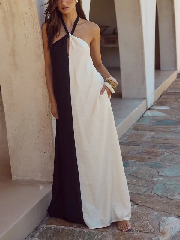 Hanging Neck Bold Contrast Color Trendy Halter Pocketed A-Line Maxi Dress Fashionable Layered Maxi Dress