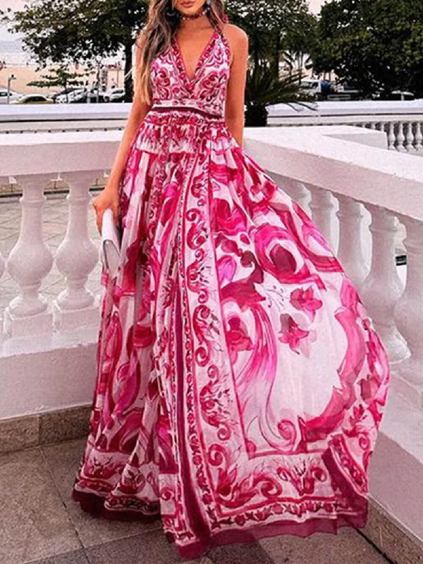 Halter Neck Backless Charming Printed Maxi Dress Elegant Maxi Dress with Ruffles