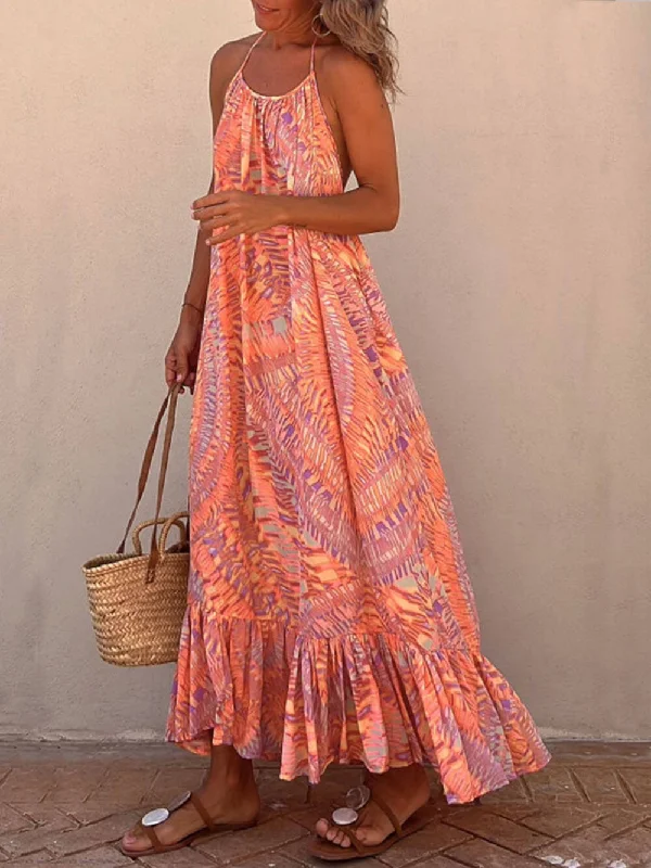 Golden Times Ethnic Print Graceful A-line Vacation Maxi Dress Trendy Floral Print Maxi Dress