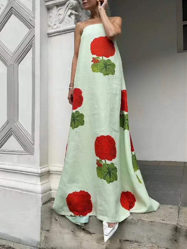 Geranium Floral Stylish Print Maxi Dress Fashionable High-Waist Maxi Dress