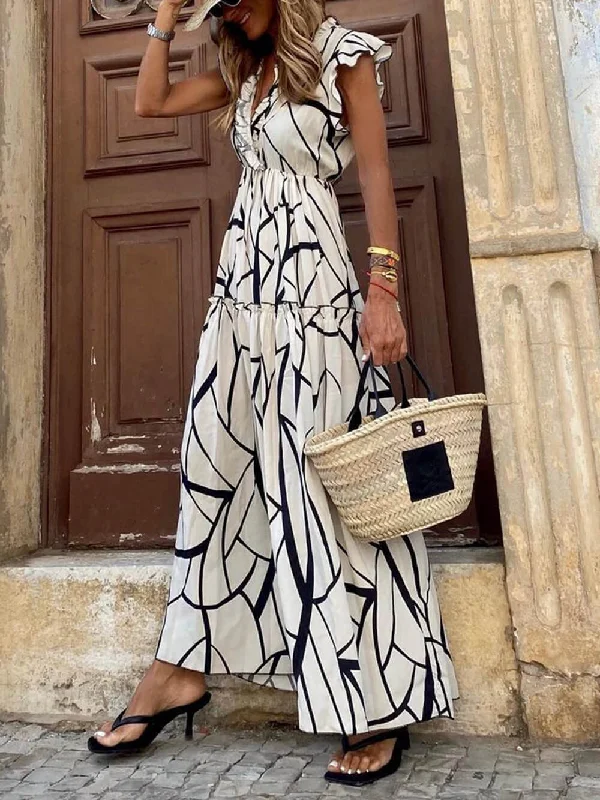 Geometric Print V-Neck Charming Ruffled Hem Maxi Dress Casual Maxi Dress with Pockets